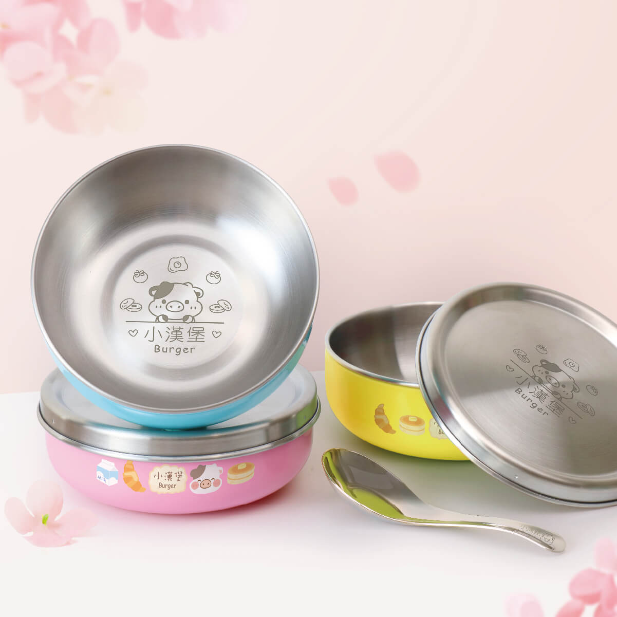 客製化繽紛三色碗 滑嫩蛋包飯【Q萌牛】不鏽鋼碗蓋