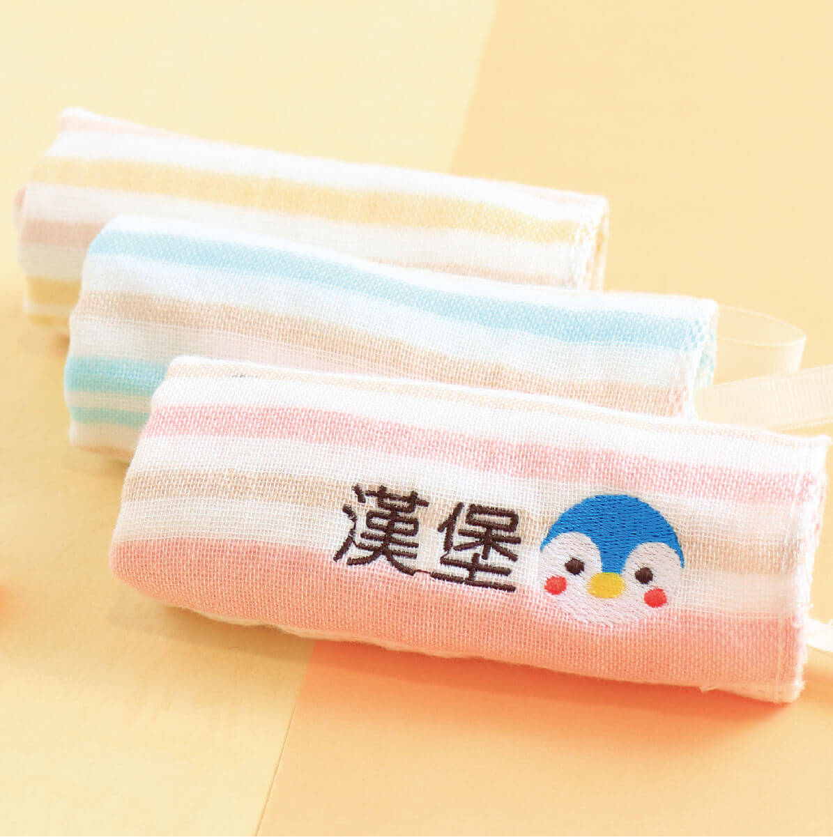 MIT姓名手帕紗布巾【企鵝款】一組3入