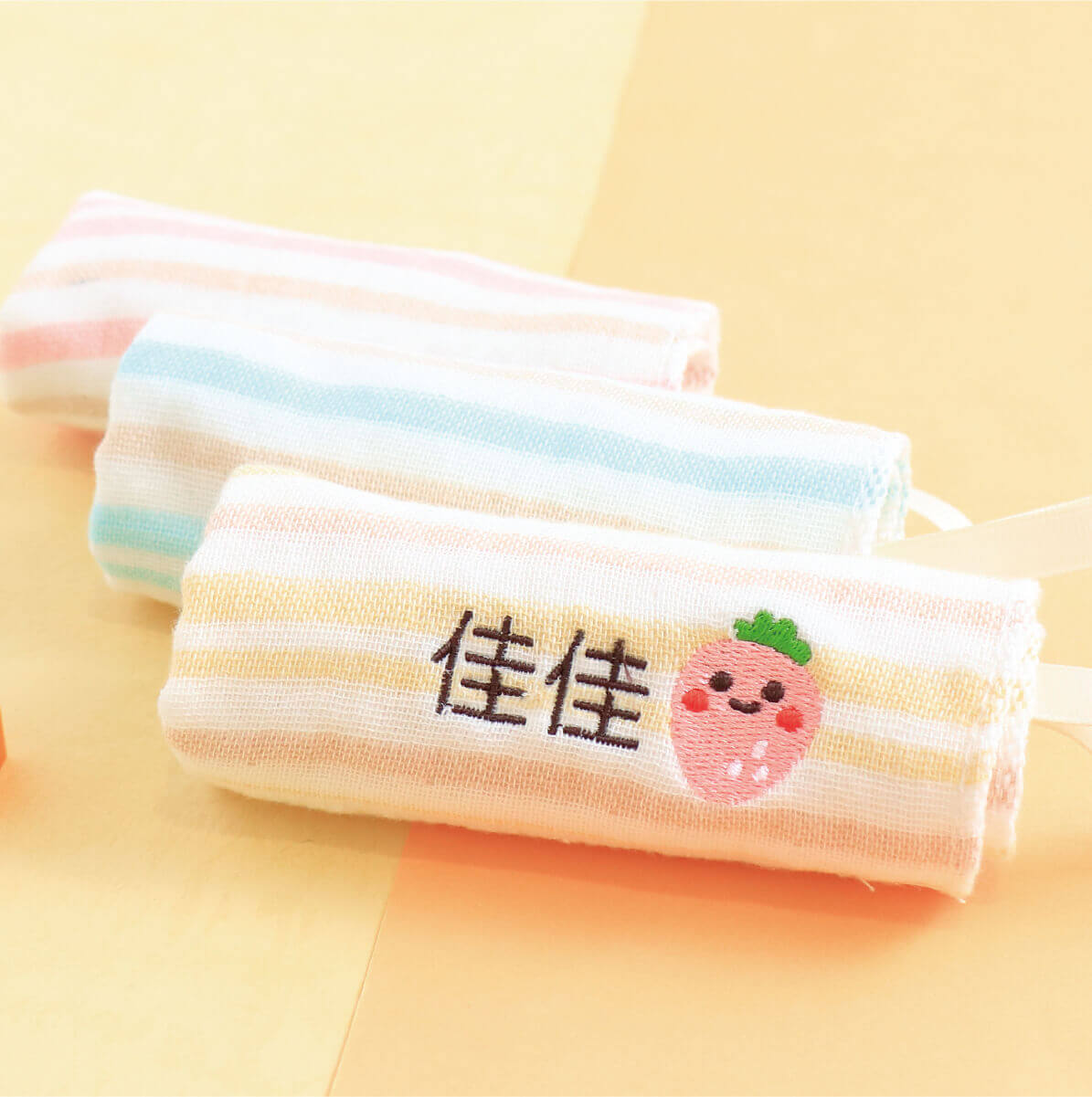 MIT姓名手帕紗布巾【小草莓款】一組3入