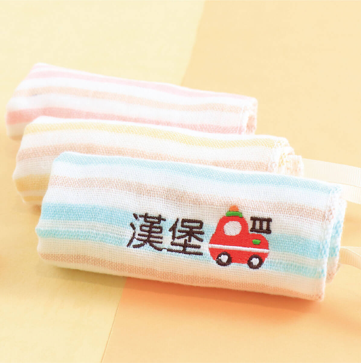 MIT姓名手帕紗布巾【消防車款】一組3入