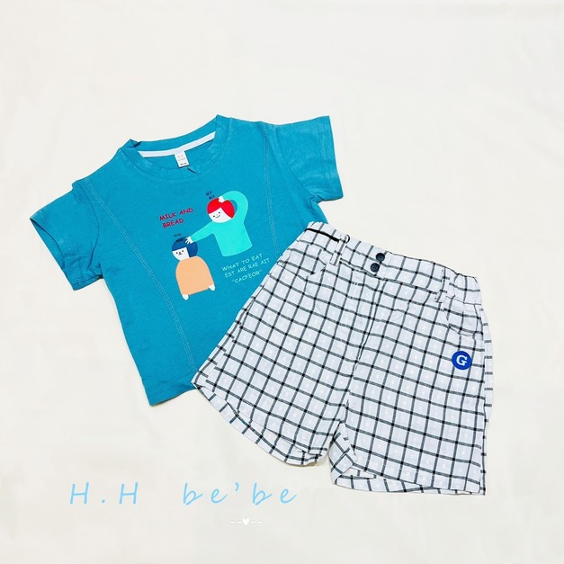 [少量現貨款]可愛印花純棉T恤格子短褲套裝