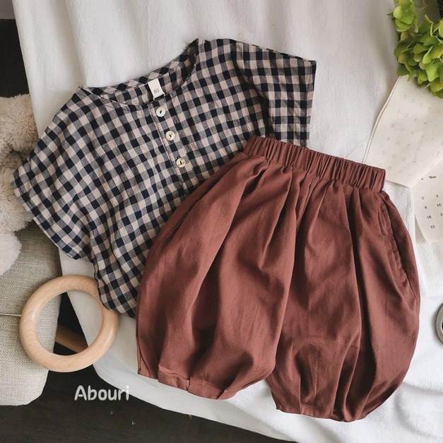 韓版落肩款格紋上衣+南瓜燈籠褲 套裝