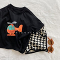 韓版直升機印花圓領上衣+格紋短褲 套裝_2