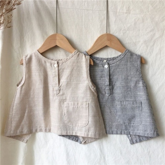 韓版後開岔清新條紋無袖上衣(搖擺衣)