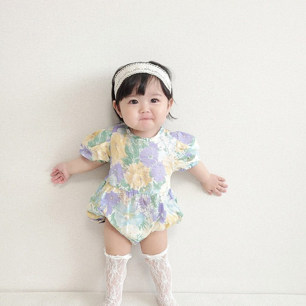 韓版溫柔水墨大花泡泡袖包屁衣