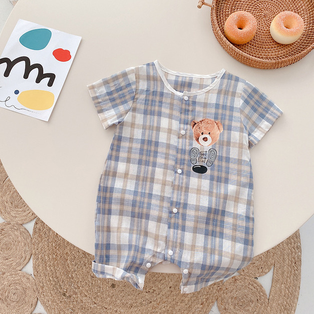 韓版兄妹款小熊藍格紋包屁衣(男款)
