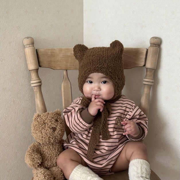 【預購】ammu | hey! kuma 條紋刺繡包屁衣&上衣 (草莓巧克力) *new!!