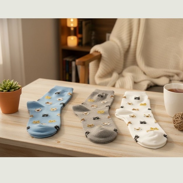 【韓國襪子】滿版長襪-繽紛貓咪(白/灰/藍)