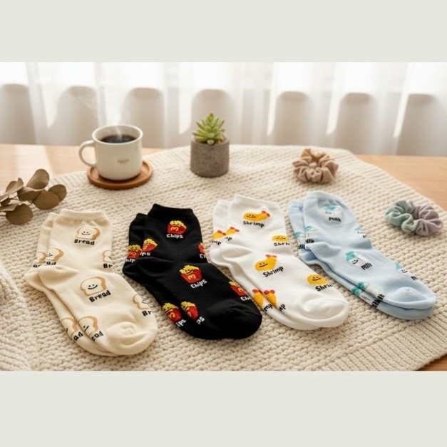 【韓國襪子】滿版長襪-可愛笑臉美食款(吐司/牛奶/炸蝦/薯條)