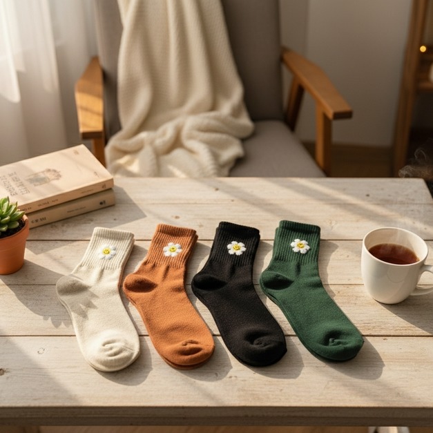 【韓國襪子】素色長襪-素色笑臉小雛菊(米/黑/棕/綠)