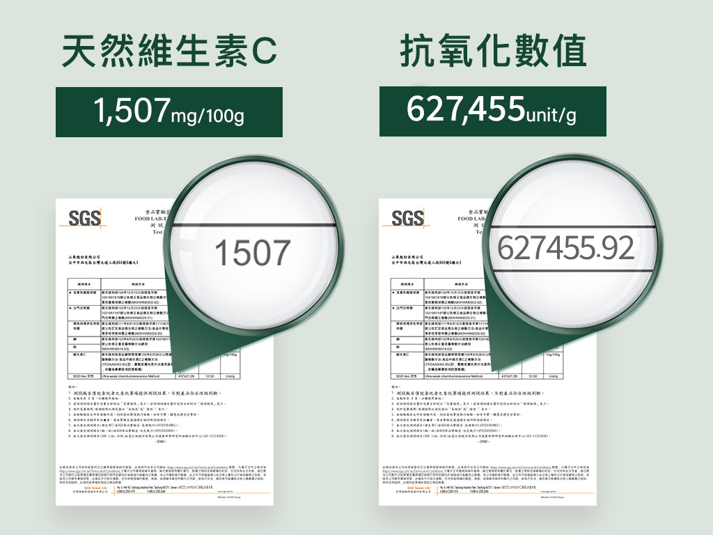樹重奏的油甘鮮果粉經SGS檢驗,天然維生素C含量高達1507mg/100g
