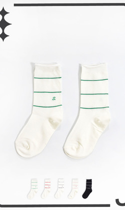 韓系簡約條紋刺繡襪 | 中筒襪 五色售