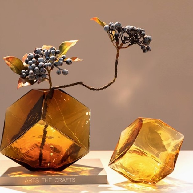 琥珀色方塊花器(大+小+花材)