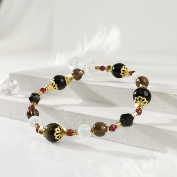 輝夜姬 | A113 金運石黑曜石茶晶月光石手鍊