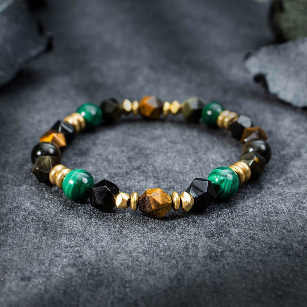 登峰之路 | B07孔雀石黃虎眼黑曜石水晶手鍊