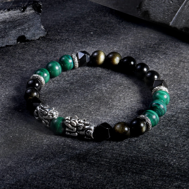 瑞獸貔貅 | 風華 | B19孔雀石金沙黑曜石水晶手鍊