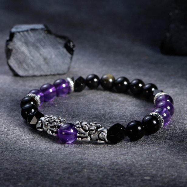 瑞獸貔貅 | 祥瑞 | B23紫水晶金沙黑曜石手鍊
