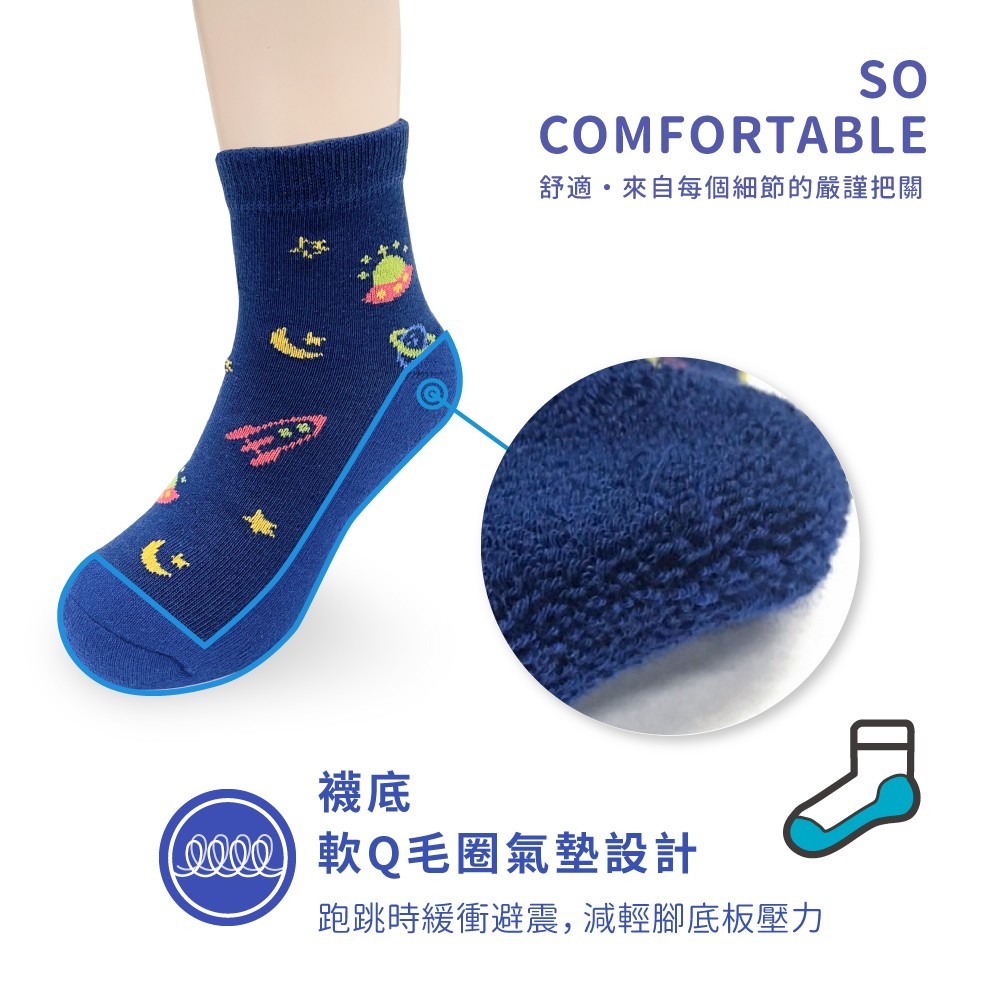 有太空船火箭圖案的兒童厚毛巾底襪子有腳底止滑無硬梗由襪子製造商ZILA采樂開發製作