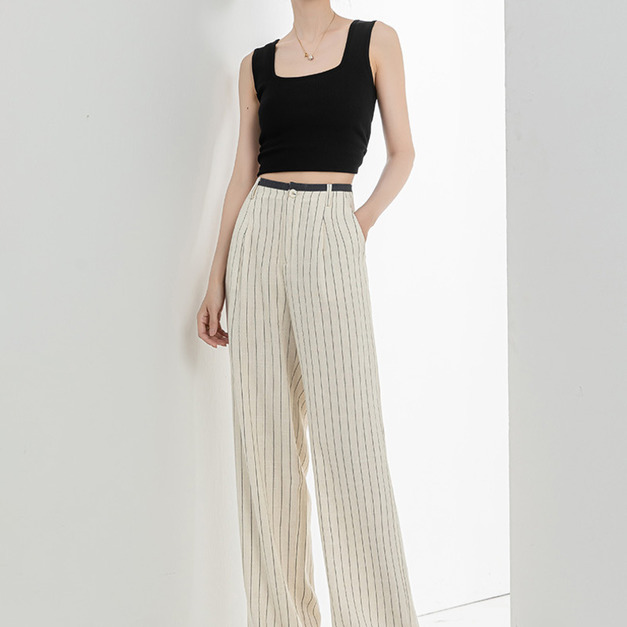 摩洛哥條紋棉麻長褲