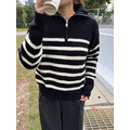 撞色條紋翻領針織上衣 2色 (黑現貨)