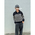 撞色條紋翻領針織上衣 2色 (黑現貨)_1