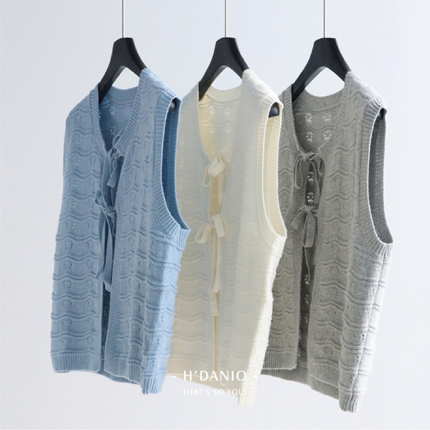 田園簍空綁帶針織背心 3色(灰現貨)