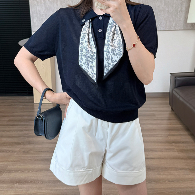 翻領針織絲巾上衣 剩藍色