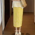 黃色花朵後開衩半身裙