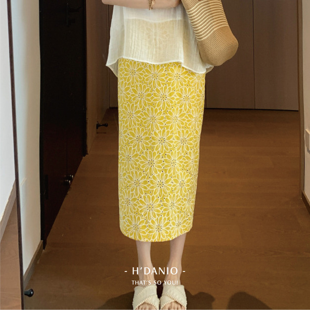 黃色花朵後開衩半身裙