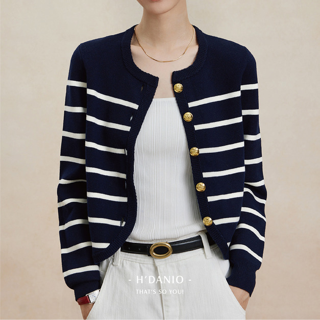 重磅法式條紋金釦開衫 3色(灰、白現貨)