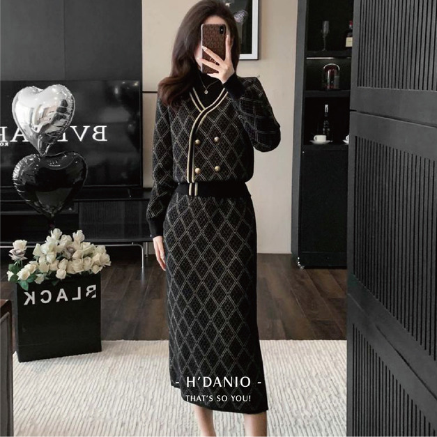 法式輕奢金絲菱格套裝 2色