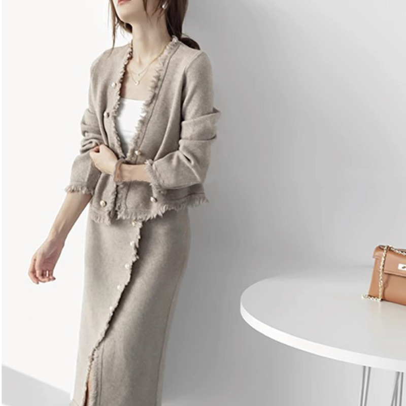 香榭流蘇小開叉套裝 4色(奶茶、灰現貨)