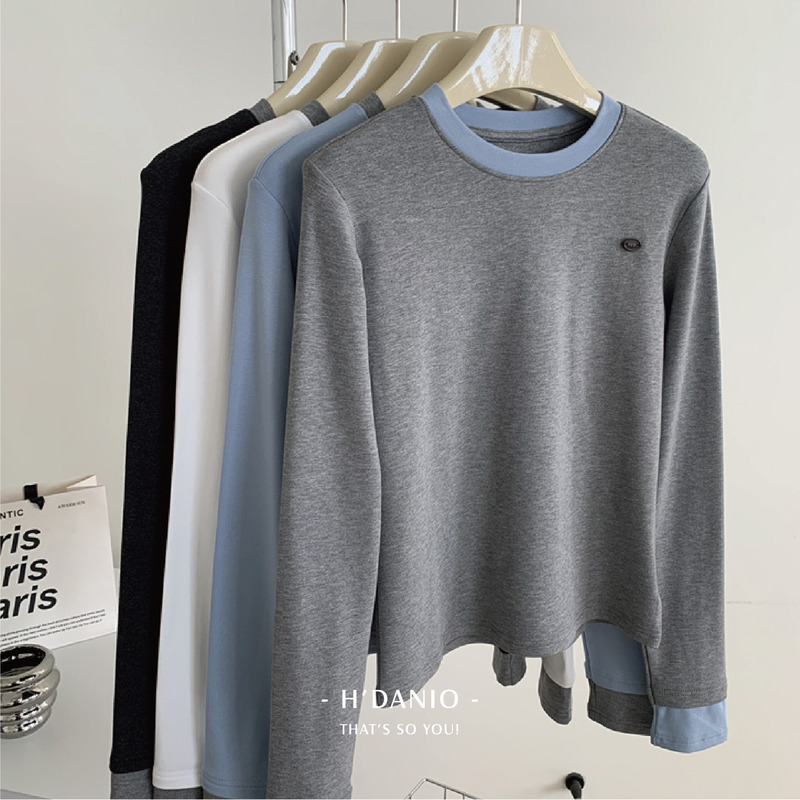 韓版拼色圓領磨毛長袖 4色