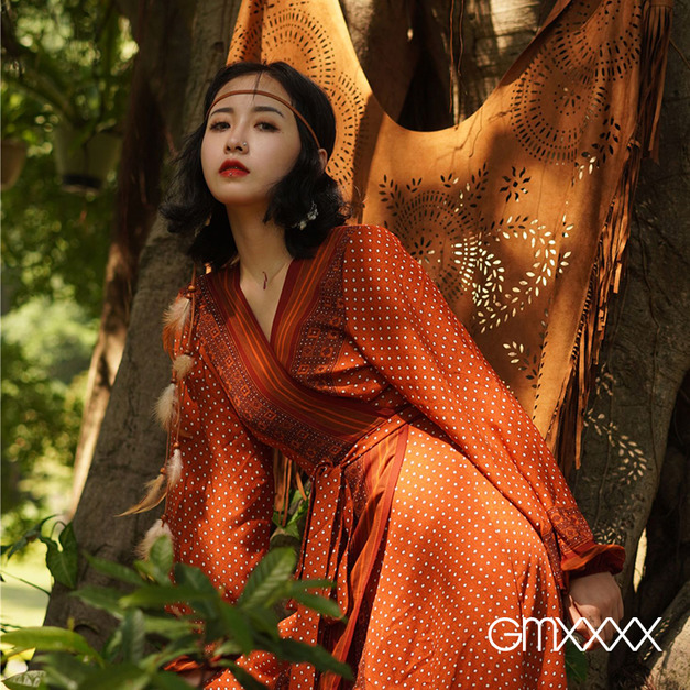 波西米亞圖騰橘碎花開衫洋裝【D06297】