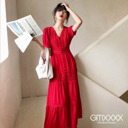 波西米亞紅色仙女款層次短袖洋裝【D28550】