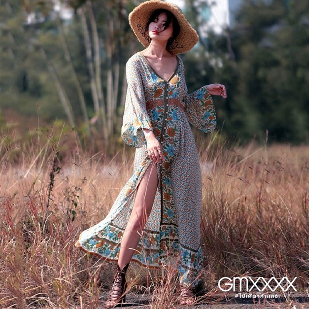 波西米亞大地葵印花綁帶洋裝罩衫外套【D26302】