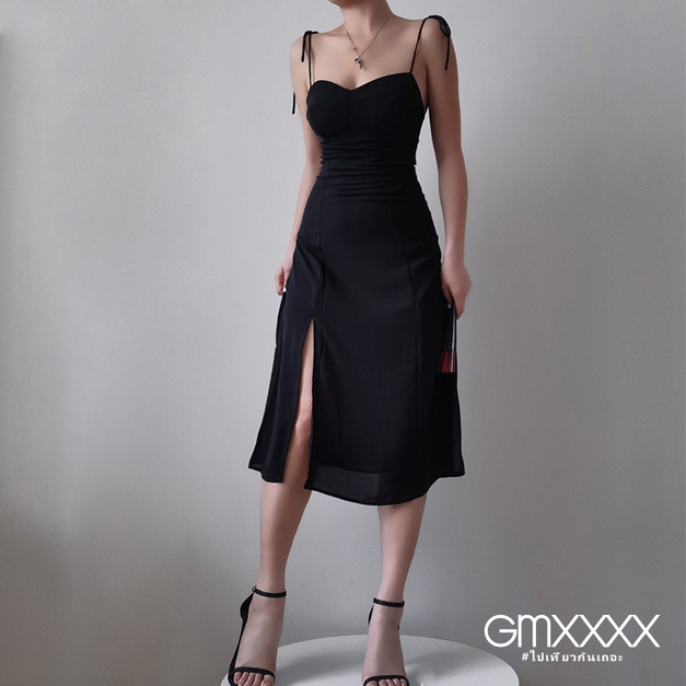 法式純黑雪紡顯瘦綁帶長洋裝【D26343】