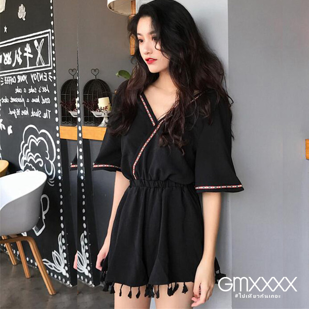 波西米亞黑色綁帶流蘇連身褲短褲【E06143】