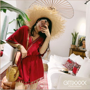 波西米亞紅色綁帶流蘇連身褲短褲【E06143】