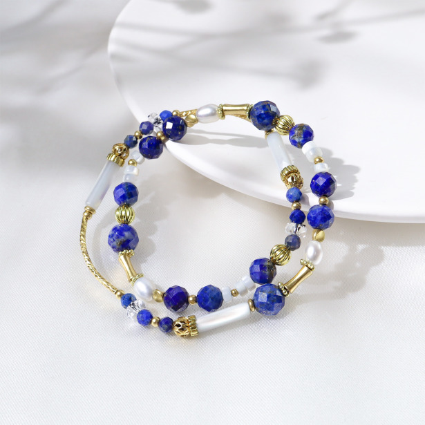 特萊維噴泉 | D05青金石珍珠白水晶水晶雙圈手鍊