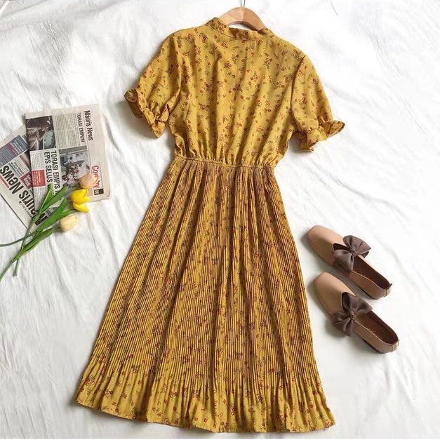 碎花細百摺洋裝