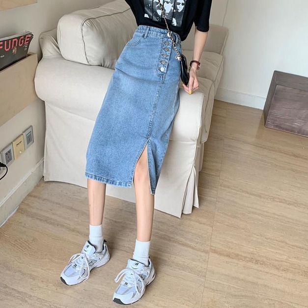 排釦中長款牛仔裙