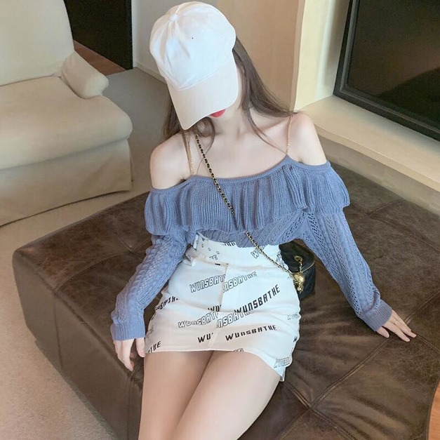 性感秋裝軟針織鏈條肩帶上衣