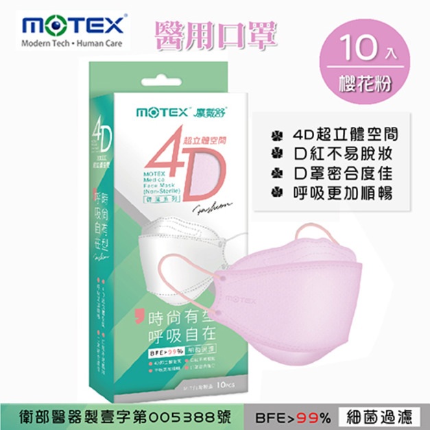 MOTEX 摩戴舒．4D立體韓版 醫療用口罩(未滅菌) (櫻花粉，10片/盒)