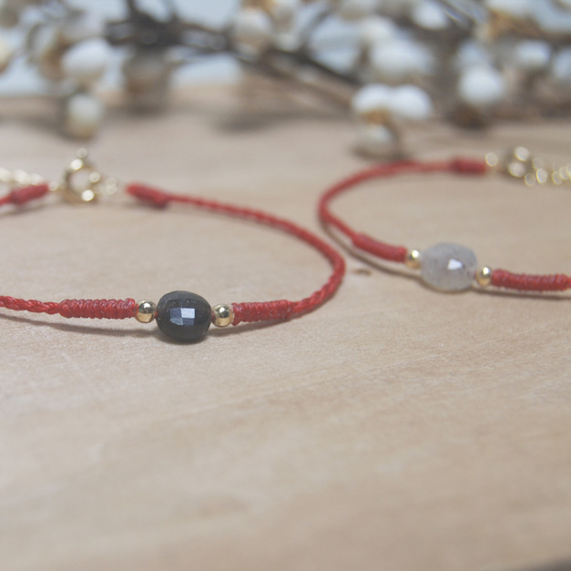 守護紅線 方形切面天然石 幸運手環 14K包金延長鍊