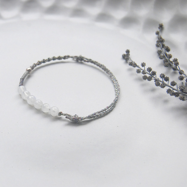 不對稱設計 月光石 捲捲螺旋 銀色蠟線 守護手環