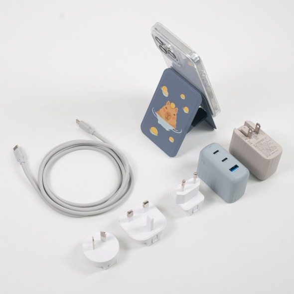 旅行三件組｜氮化鎵三孔快充+液態矽膠快充線+通用便攜手機支架｜Allite X ergomi