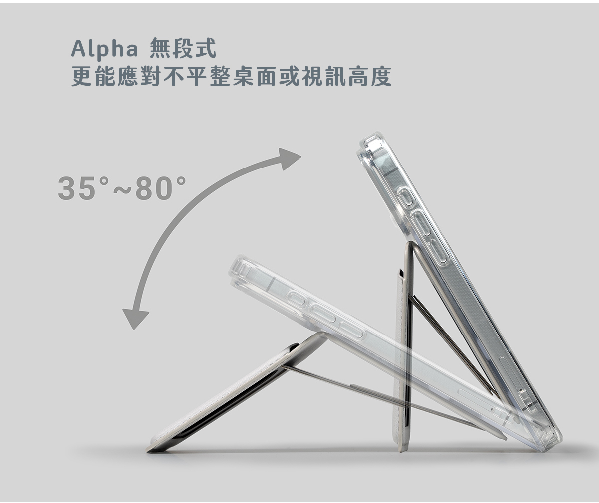 Alpha無段式，更能應對不平整桌面或視訊高度35-80度角度