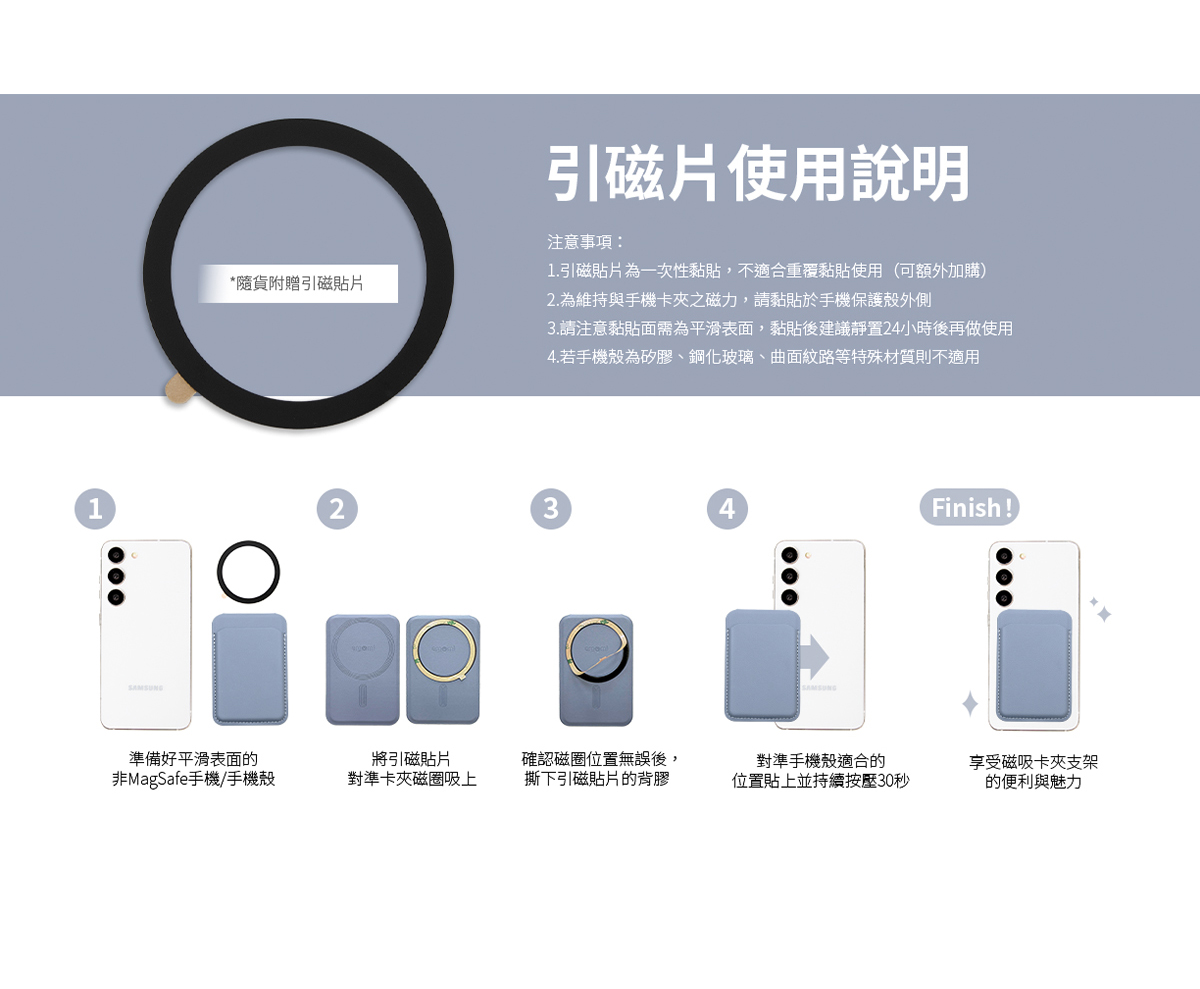 引磁片使用說明。注意事項：1.引磁貼片為一次性黏貼，不適合重複黏貼使用。（可額外加購）2.為維持與手機卡夾之磁力，請黏貼於手機殼保護外側。3.請注意黏貼面為平滑表面，建議黏貼後請靜置24小時後再使用。4.若手機殼為矽膠、鋼化玻璃、曲面紋路等特殊材質則不適用。