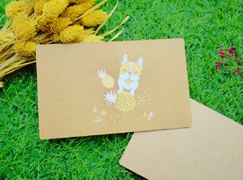 【純手工絹印明信片】狗狗系列 - 法鬥 旺來飛船 /牛皮紙厚卡刷色